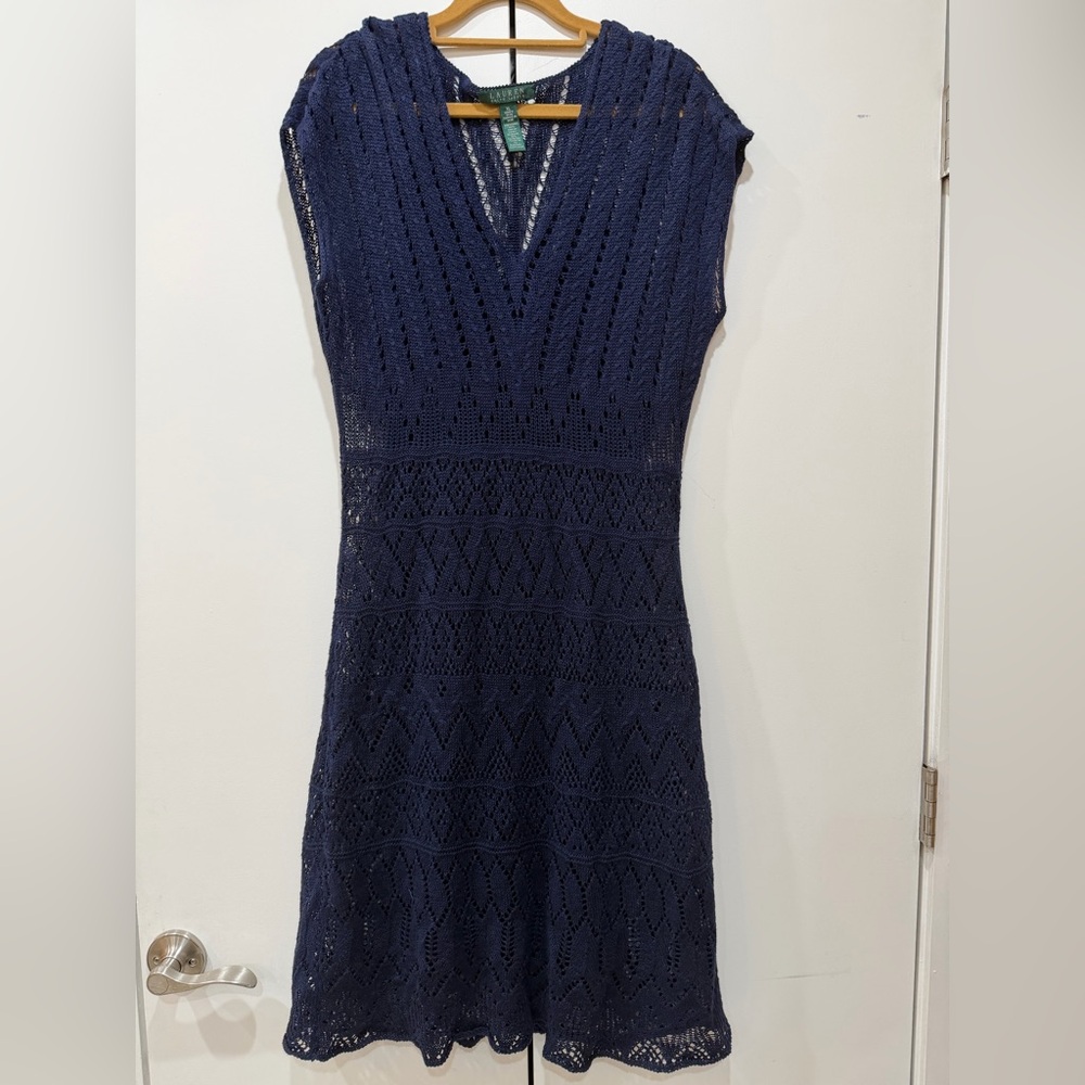 Lauren Ralph Lauren sleeveless navy blue crochet Knit  somerset dress Size XL